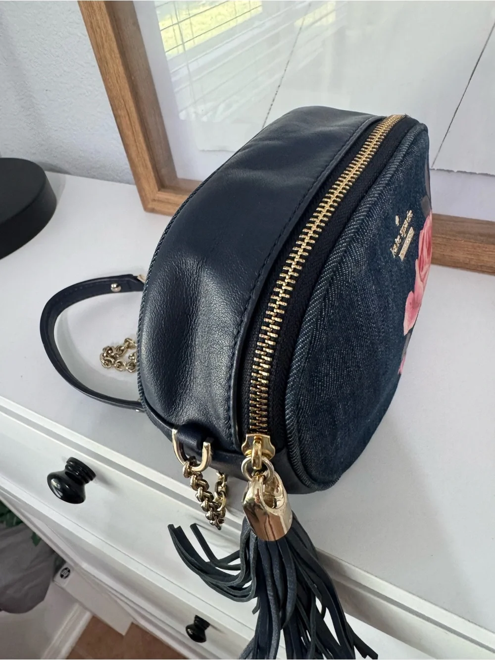 kate spade Black Denim Crossbody with Pink Floral Print and Tassel